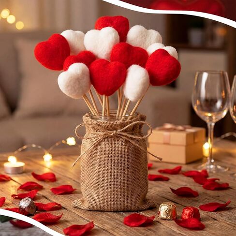 Youyole Rustic Valentines Table Decorations Set, Valentines Mason Jars Decor with 12 Pcs Red White Felt Heart Picks Galentines Bouquet Heart Flower Stick Gifts for Lovers Dinning Table Office in Saudi Arabia