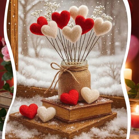 Youyole Rustic Valentines Table Decorations Set, Valentines Mason Jars Decor with 12 Pcs Red White Felt Heart Picks Galentines Bouquet Heart Flower Stick Gifts for Lovers Dinning Table Office in Saudi Arabia