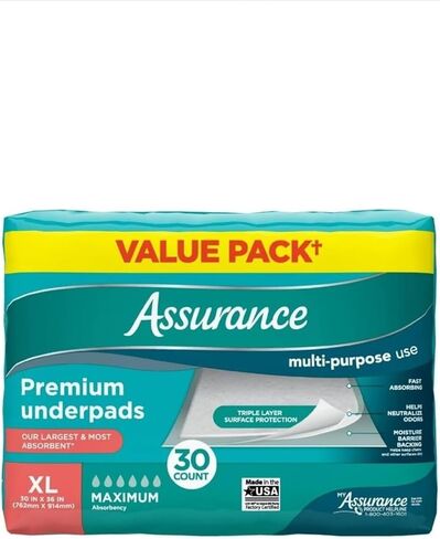 Assurance Premium Underpads، مقاس XL 30 بوصة × 36 بوصة، أقصى قدرة على الامتصاص، عبوة اقتصادية، 30 قطعة - وسادات سرير للاستعمال مرة واحدة لعلاج سلس البول والحيوانات الأليفة وحماية الأثاث والأسرة in Kuwait