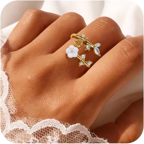 Gold Birthstone Rings for Women Non Tarnish Fashion Stackable Dainty 14KGold PlatedSilver/Rose Adjustable Emerald Green Ring Cubic Zirconia Gemstone Cute Pearl Shell Flower Promise Ring Engagement Birthday Gifts in Saudi Arabia