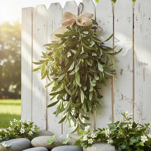 Artificial Olive Branch Wreath Teardrop Swag 24 Inch, Faux Greenery Hanging Pendant for Front Door, Wedding Arch, Window & Wall Decor, Year-Round Indoor/Outdoor Farmhouse Porch Decoration (Green) in Saudi Arabia