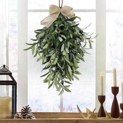 Artificial Olive Branch Wreath Teardrop Swag 24 Inch, Faux Greenery Hanging Pendant for Front Door, Wedding Arch, Window & Wall Decor, Year-Round Indoor/Outdoor Farmhouse Porch Decoration (Green) in Saudi Arabia