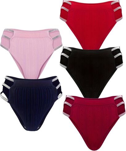 JUNELLA 5 Pcs Shiny Waistband Women's Low Rise Panties, Ribbed Cotton, Multicolour Sexy Hollow Out Hipster Panties in Saudi Arabia