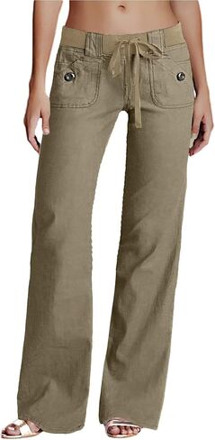 Flamingals Low Rise Cargo Wide Leg Pants for Women Drawstring Flap Pockets Y2K Bow Tie Casual Flare Pants in Kuwait