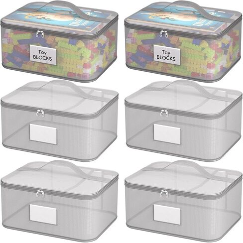 Toy Zippered Blocks Set Storage Bags for boy girls - 4PC Large PVC Storage Organizer Bags with Mesh Side Pockets for Puzzle, Clay, Book, Small Models and Mini Plush Toys. L: 9"x3"x11.8" (Grey) in Kuwait