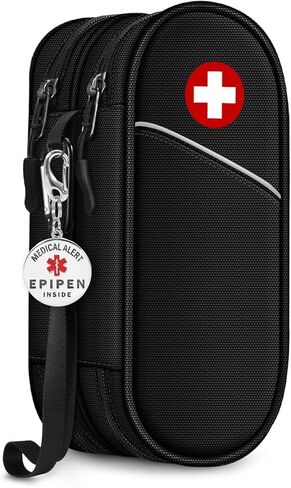 SITHON Double-Layer Epipen Carrying Case with Medical Alert Tag, Travel Medication Organizer Bag Pouch Holds 2 EpiPens, Asthma Inhaler, Anti-Histamine, Auvi-Q, Allergy Medicine Essentials (Red) in Saudi Arabia