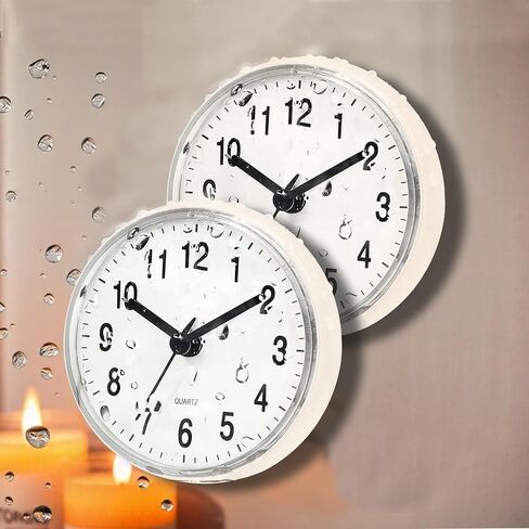 Pack of 2 Silent Waterproof Bathroom Clock with Suction Cup - Compact Battery Operated Clock for Shower, Kitchen, Desk, or Bedroom Use (White) in Saudi Arabia