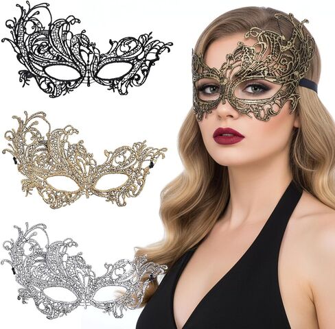 Lace Masquerade Mask, 3 PCS Mysterious Fun Lace Eye Mask Costume Adult Black Maskerade Masks for Women Men Couples for Christmas Costume Gifts Party Prom Ball Mardi Gras Party in Saudi Arabia
