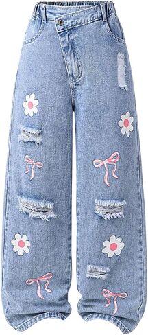 Girl's Floral Bow Baggy Jeans Y2k Ripped Wide Leg Elastic Waist Denim Pants Loose Trousers in Saudi Arabia