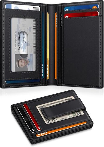 Wallet for Men 14-16 Cards, Minimalist Men Leather Wallet, Men's Front Pocket Bifold Wallets with Money Clip, Slim Thin Card Holder RFID Blocking Bill Folder & Magnetic Closure, Gifts for Men, Black in Saudi Arabia