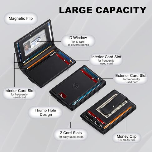 Wallet for Men 14-16 Cards, Minimalist Men Leather Wallet, Men's Front Pocket Bifold Wallets with Money Clip, Slim Thin Card Holder RFID Blocking Bill Folder & Magnetic Closure, Gifts for Men, Black in Saudi Arabia
