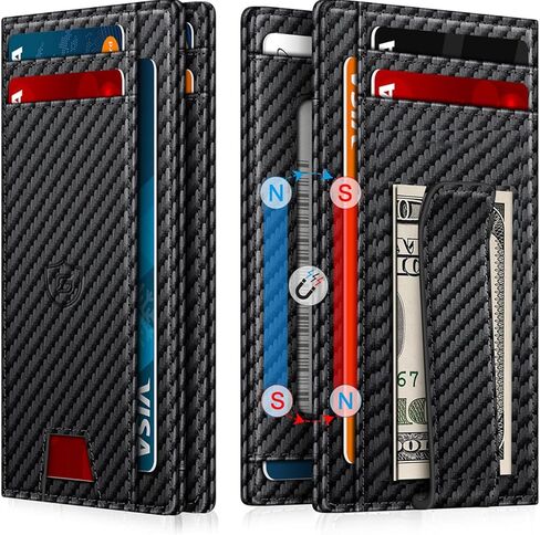 Wallet for Men 14-16 Cards, Minimalist Men Leather Wallet, Men's Front Pocket Bifold Wallets with Money Clip, Slim Thin Card Holder RFID Blocking Bill Folder & Magnetic Closure, Gifts for Men, Black in Saudi Arabia