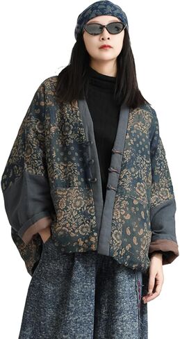 LUZU JUNU Women's Printed Quilted Coats Casual Vintage Cardigan Bohemia Long Jacket Fall Winter Button Outwear in Saudi Arabia