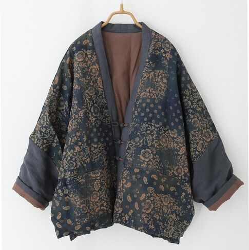 LUZU JUNU Women's Printed Quilted Coats Casual Vintage Cardigan Bohemia Long Jacket Fall Winter Button Outwear in Saudi Arabia