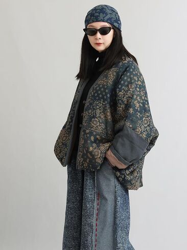 LUZU JUNU Women's Printed Quilted Coats Casual Vintage Cardigan Bohemia Long Jacket Fall Winter Button Outwear in Saudi Arabia