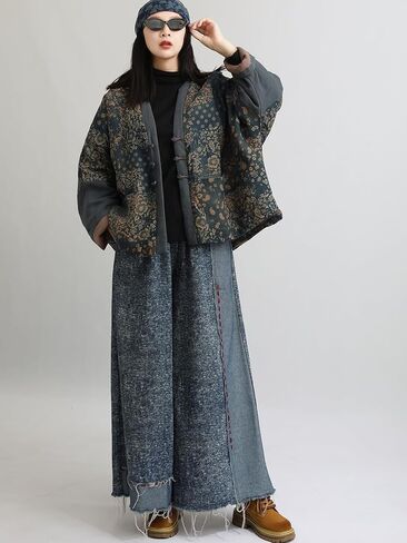 LUZU JUNU Women's Printed Quilted Coats Casual Vintage Cardigan Bohemia Long Jacket Fall Winter Button Outwear in Saudi Arabia