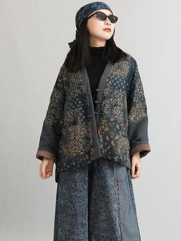 LUZU JUNU Women's Printed Quilted Coats Casual Vintage Cardigan Bohemia Long Jacket Fall Winter Button Outwear in Saudi Arabia