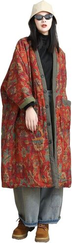 LUZU JUNU Women's Printed Quilted Coats Casual Vintage Cardigan Bohemia Long Jacket Fall Winter Button Outwear in Saudi Arabia