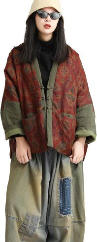 LUZU JUNU Women's Printed Quilted Coats Casual Vintage Cardigan Bohemia Long Jacket Fall Winter Button Outwear in Saudi Arabia