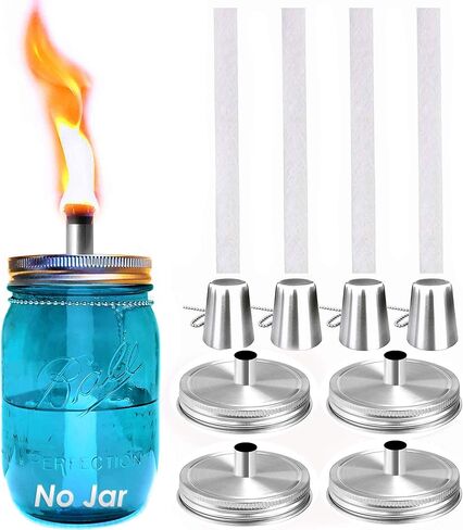 مجموعات شعلة سطح الطاولة من Yitee Mason Jar، 4 فتائل من الألياف الزجاجية طويلة العمر، تتضمن أغطية جرة ميسون من الفولاذ المقاوم للصدأ، شعلة مصباح زيت على السطح الخارجي، ديكور حفلة المنزل (فم واسع) in Saudi Arabia