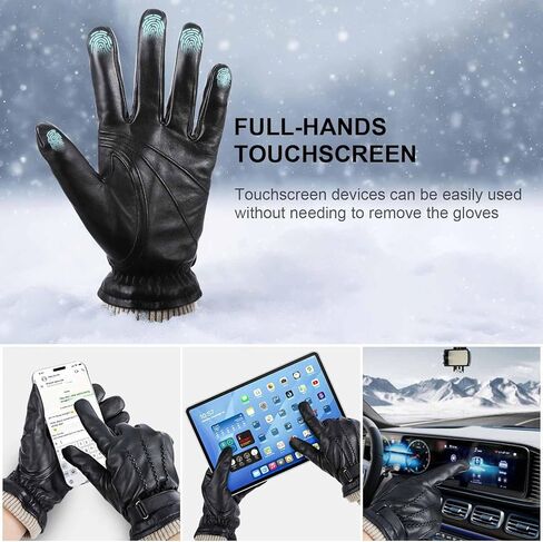 Mens Winter Gloves: Touchscreen Wool Lined Thermal Leather Gloves, Warm Gift for Father, Husband - Black in Saudi Arabia
