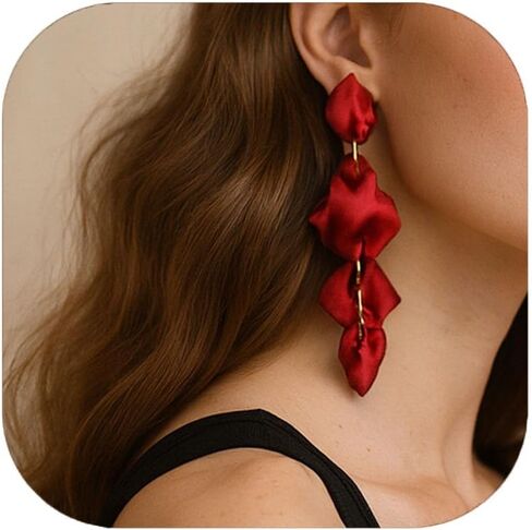 Long Acrylic Rose Petal Clip on Dangle Earrings, 14K Gold Plated Chunky Statement Flower Earrings Clips Minimalist Hypoallergenic Floral Tassel Earrings for Non Pierced Eears in Kuwait