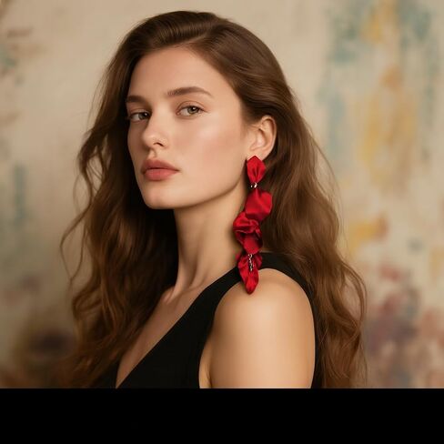 Long Acrylic Rose Petal Clip on Dangle Earrings, 14K Gold Plated Chunky Statement Flower Earrings Clips Minimalist Hypoallergenic Floral Tassel Earrings for Non Pierced Eears in Kuwait