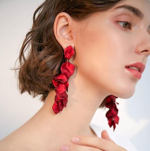 Long Acrylic Rose Petal Clip on Dangle Earrings, 14K Gold Plated Chunky Statement Flower Earrings Clips Minimalist Hypoallergenic Floral Tassel Earrings for Non Pierced Eears in Kuwait