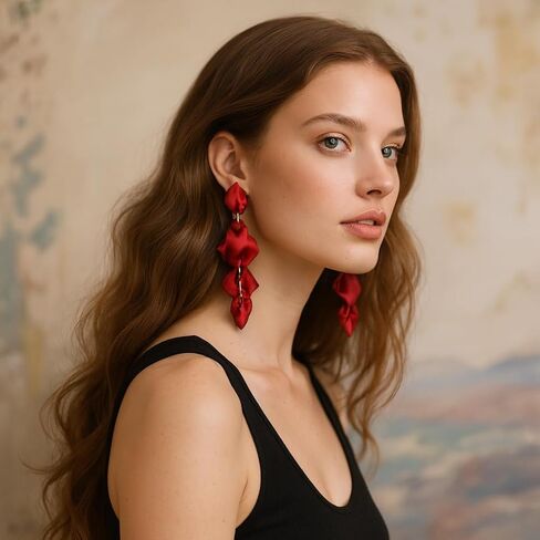 Long Acrylic Rose Petal Clip on Dangle Earrings, 14K Gold Plated Chunky Statement Flower Earrings Clips Minimalist Hypoallergenic Floral Tassel Earrings for Non Pierced Eears in Kuwait