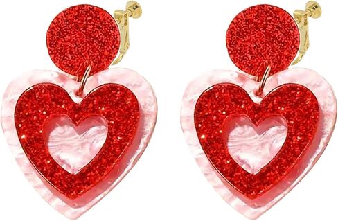 Valentine Clip on Dangling Earrings for Women, Red Pink Love Heart Drop Jewelry, Non Pierced, Layered Heart Trendy Screw Back Earrings in Saudi Arabia