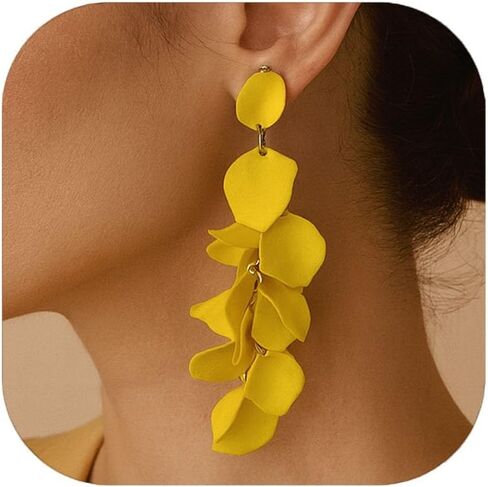 Long Acrylic Rose Petal Clip on Dangle Earrings, 14K Gold Plated Chunky Statement Flower Earrings Clips Minimalist Hypoallergenic Floral Tassel Earrings for Non Pierced Eears in Kuwait