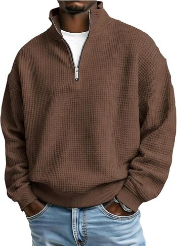 Mens Waffle Sweatshirt Casual Stand Collar Quarter Zip Pullover 2026 Spring Summer Ribbed Long Sleeve Sweatshirts in Saudi Arabia