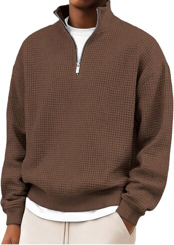 Mens Waffle Sweatshirt Casual Stand Collar Quarter Zip Pullover 2026 Spring Summer Ribbed Long Sleeve Sweatshirts in Saudi Arabia