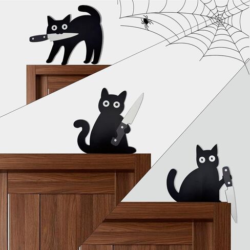 3PCS Funny Black Cat Wall Decor, Wooden Spooky Black Cat Door Topper Set, Halloween Wall Decor with Posing Cats, Funny Art for Entryway, Unique for Cats Lovers in Saudi Arabia