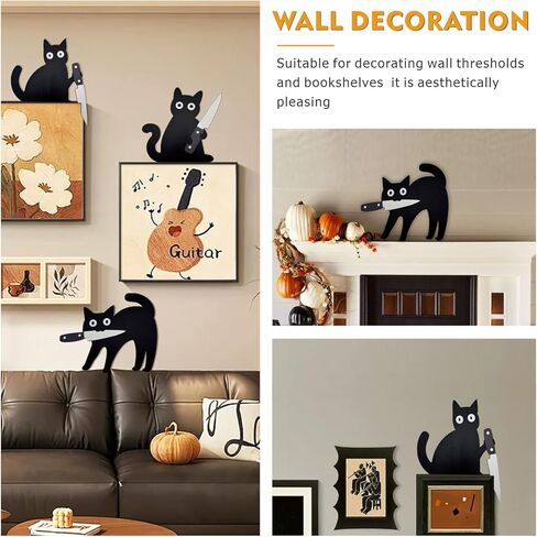 3PCS Funny Black Cat Wall Decor, Wooden Spooky Black Cat Door Topper Set, Halloween Wall Decor with Posing Cats, Funny Art for Entryway, Unique for Cats Lovers in Saudi Arabia