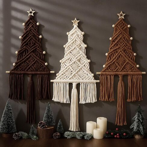 HunnmingRe Neutral Christmas Tree 3 Set Macrame Christmas Wall Decoration Hanging Ornaments Boho Wall Decor for Party Supplies in Saudi Arabia