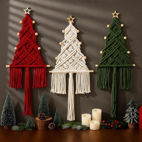 HunnmingRe Neutral Christmas Tree 3 Set Macrame Christmas Wall Decoration Hanging Ornaments Boho Wall Decor for Party Supplies in Saudi Arabia