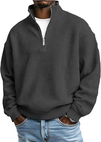 Mens Waffle Sweatshirt Casual Stand Collar Quarter Zip Pullover 2026 Spring Summer Ribbed Long Sleeve Sweatshirts in Saudi Arabia