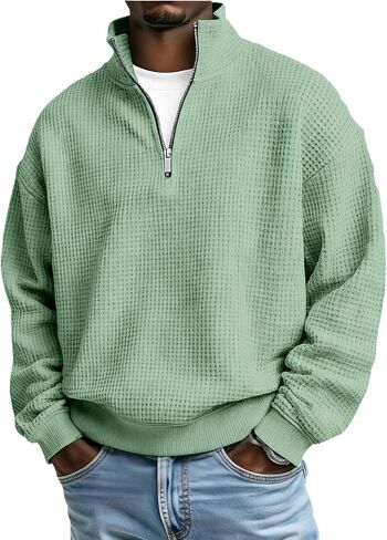 Mens Waffle Sweatshirt Casual Stand Collar Quarter Zip Pullover 2026 Spring Summer Ribbed Long Sleeve Sweatshirts in Saudi Arabia