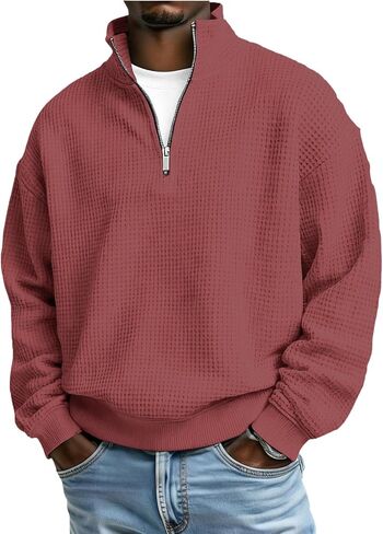 Mens Waffle Sweatshirt Casual Stand Collar Quarter Zip Pullover 2026 Spring Summer Ribbed Long Sleeve Sweatshirts in Saudi Arabia