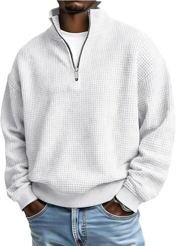 Mens Waffle Sweatshirt Casual Stand Collar Quarter Zip Pullover 2026 Spring Summer Ribbed Long Sleeve Sweatshirts in Saudi Arabia