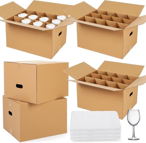 5 Sets Glass Packing Kit for Glasses and Stemware 24 x 12 x 11 Inch Includes 5 Kitchen Moving Boxes 5 Cell Divider Unit 90 Foam Pouches Glass Packing Boxes for Moving Glasses Wine Dish in Kuwait