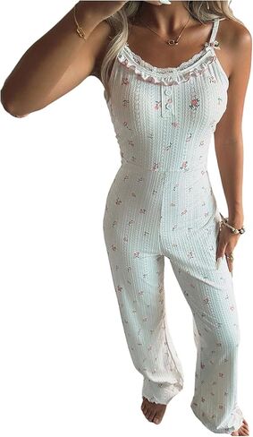 Women's Floral Print Lace Frill Trim Lounge Jumpsuit Open Back Overalls One Piece Pajamas in Saudi Arabia