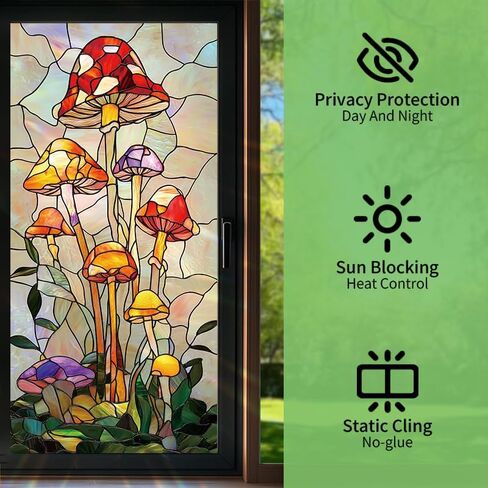 Stained Glass Mushroom Window Film Colorful Botanical Decorative Privacy Static Cling Window Covering 17.7 x 39.3 Inch No Glue UV Blocking Window Sticker for Bathroom Kitchen Door in Saudi Arabia