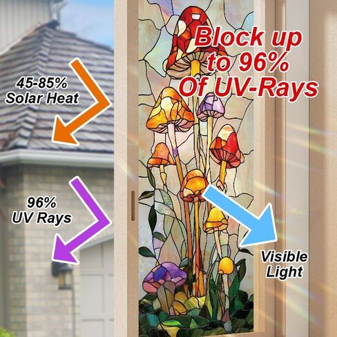 Stained Glass Mushroom Window Film Colorful Botanical Decorative Privacy Static Cling Window Covering 17.7 x 39.3 Inch No Glue UV Blocking Window Sticker for Bathroom Kitchen Door in Saudi Arabia