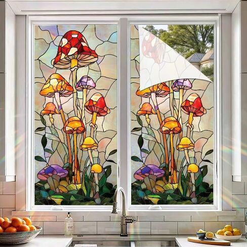 Stained Glass Mushroom Window Film Colorful Botanical Decorative Privacy Static Cling Window Covering 17.7 x 39.3 Inch No Glue UV Blocking Window Sticker for Bathroom Kitchen Door in Saudi Arabia