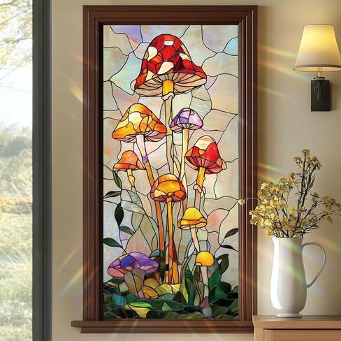 Stained Glass Mushroom Window Film Colorful Botanical Decorative Privacy Static Cling Window Covering 17.7 x 39.3 Inch No Glue UV Blocking Window Sticker for Bathroom Kitchen Door in Saudi Arabia