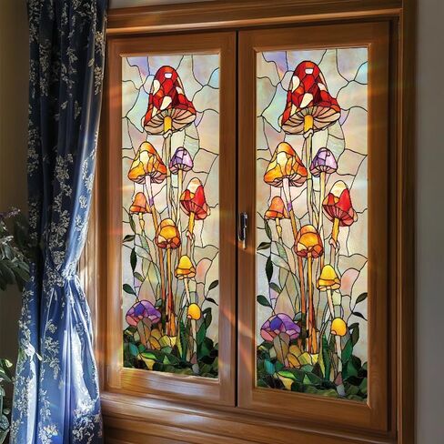 Stained Glass Mushroom Window Film Colorful Botanical Decorative Privacy Static Cling Window Covering 17.7 x 39.3 Inch No Glue UV Blocking Window Sticker for Bathroom Kitchen Door in Saudi Arabia