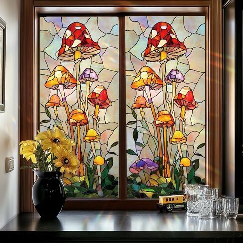 Stained Glass Mushroom Window Film Colorful Botanical Decorative Privacy Static Cling Window Covering 17.7 x 39.3 Inch No Glue UV Blocking Window Sticker for Bathroom Kitchen Door in Saudi Arabia