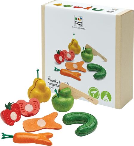 PlanToys Wooden Assorted Fruit and Vegetable Food Set (3416) | Sustainably Made from Rubberwood and Non-Toxic Paints and Dyes in Kuwait
